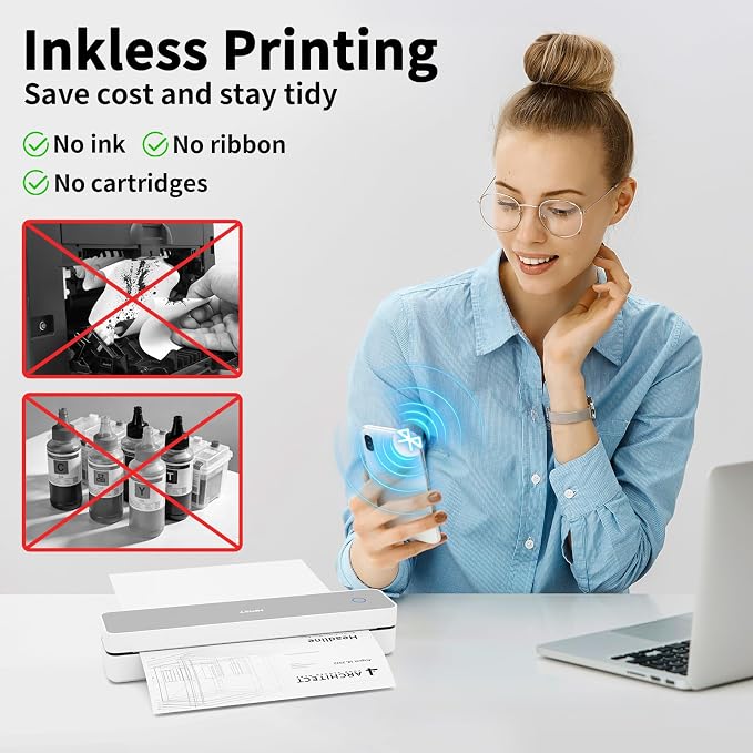 HPRT Inkless Portable Printer Wireless for Travel,Thermal Printer Supports 8.5" x 11" US Letter&A4&A5,Compatible with iOS,Android, Laptop, MT610,203 DPI,White