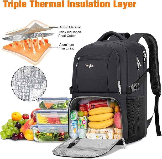 Insulated Lunch Backpack Fit 17" Laptop, Work Backpack with Lunch Box for Men & Women, Water Resistant College Computer Bag for Travel, Business, Hiking