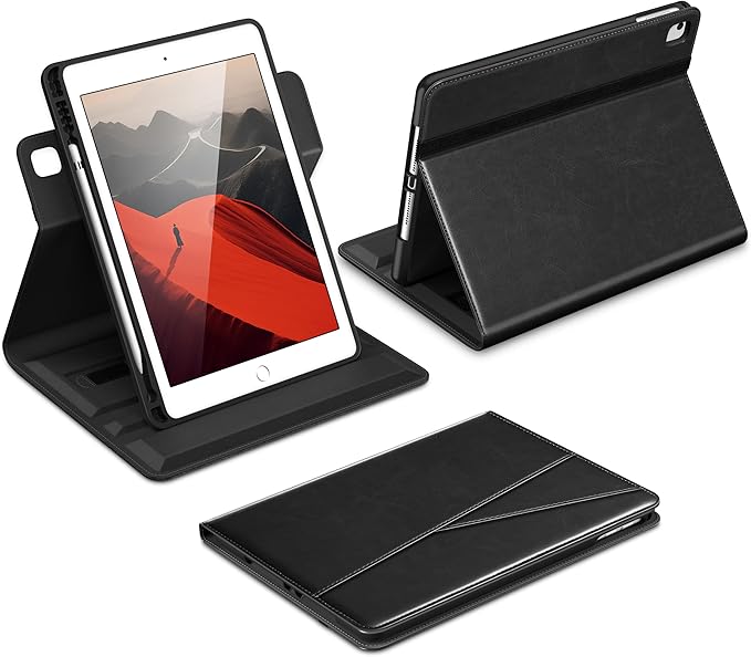 DTTO for iPad 6th / 5th Generation 9.7 Inch (2018/2017), iPad Air 2 / Air 1 Case, 360 Degree Rotating Premium Leather Folio Stand Cover with Pencil Holder, Black