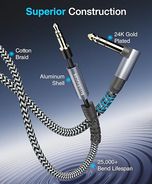 BlueRigger 6.35mm to 3.5mm Audio Cable (10FT, 90 Degree Bi-Directional, 6.35mm 1/4" Male to 3.5mm 1/8" Male TRS, Right Angled Braided Stereo Audio Cable for Cellphone, Amplifiers, Guitar, Speaker