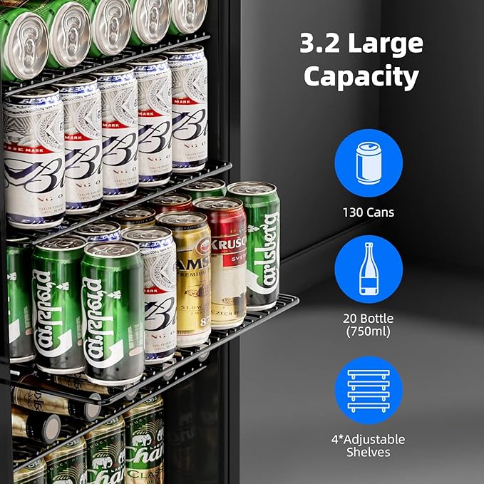 Antarctic Star Mini Fridge -130 Can Beverage Refrigerator CoolerGlass Door for Soda Beer or Wine Constant Glass Door Small Drink Dispenser for Home, Office Bar 3.2cu.ft