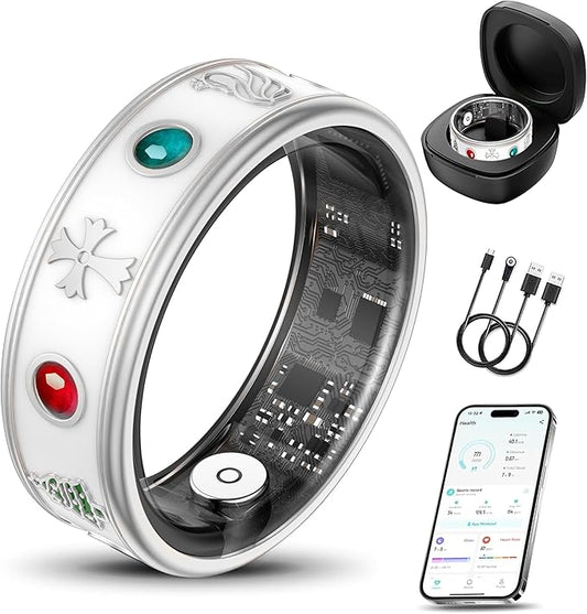 Smart Ring for Men, Fitness & Activity Tracker with Blood Pressure/Heart Rate Monitor, Sleep Tracker, Step Counter, IP68 Waterproof Ring for iOS & Android, Fast Charge, No Subscription (Silver,Size8）