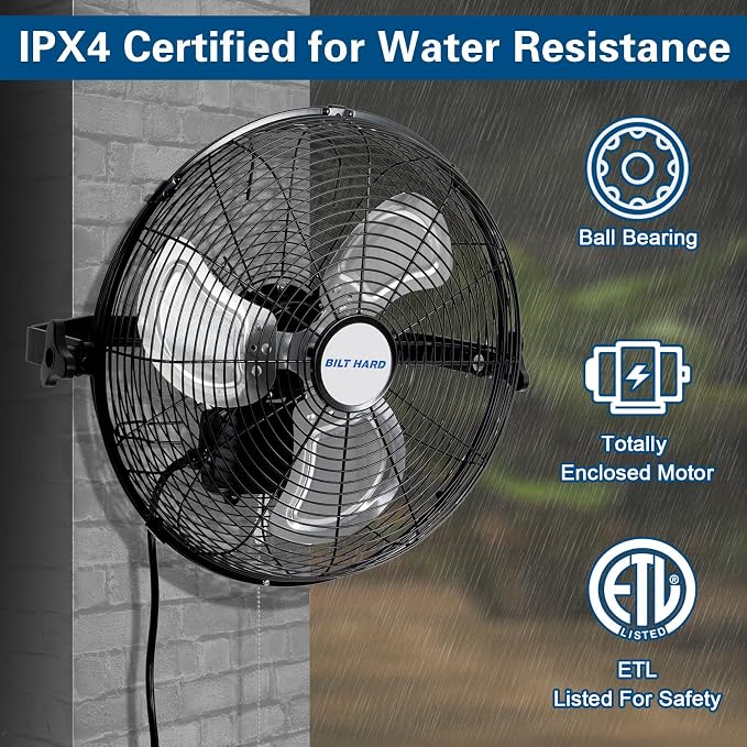 BILT HARD 14 in. High Velocity Outdoor Wall Mount Fan, 3-Speed 3000 CFM Waterproof Wall Fan, Industrial Outdoor Fans for Commercial, Garage, Patio and Gazebo Use, ETL Listed