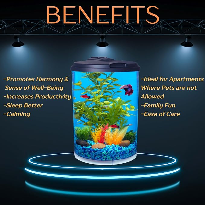 Koller Products AquaView 3-Gallon 360 Aquarium with LED Lighting (7 Color Choices) and Power Filter, 10.25 x 10.25 x 14.5