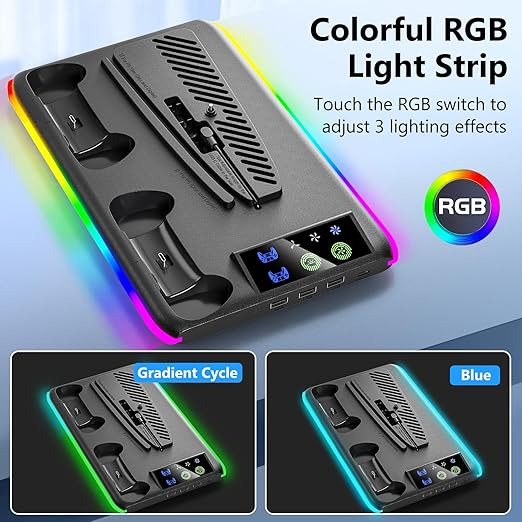 BRHE PS5/Slim/Pro Cooling & Charging Station with Cooling Fan,PS5/Slim/Pro Stand for Disc & Digital Console,PS5 Controller Charger,PS5 Accessories with 3 Charging Ports,Headset Holder