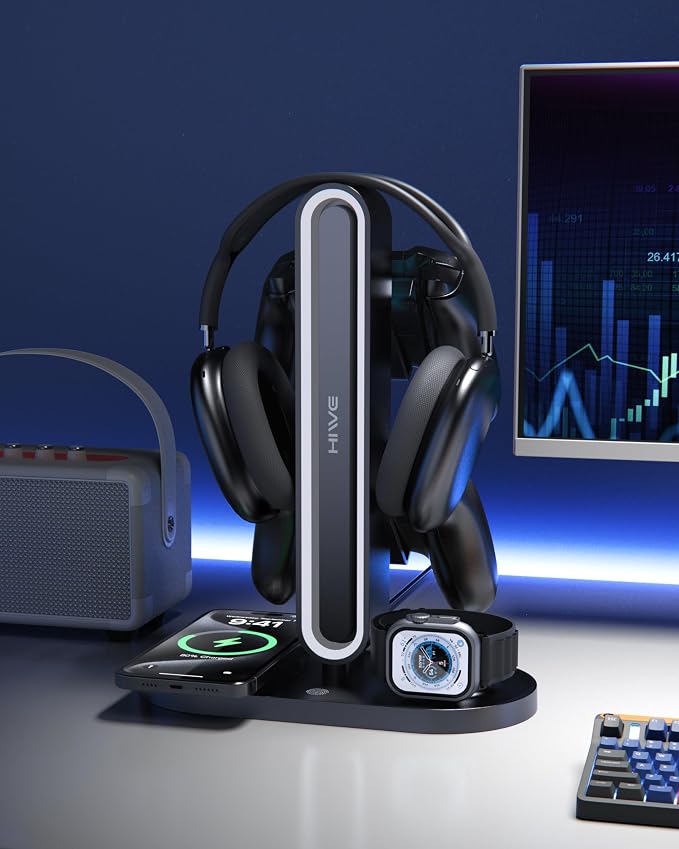 HiWe 4-in-1 RGB Gaming Headphone Stand with Dual Controller Holder, Wireless Charger for iPhone/Apple Watch, USB-A & USB-C Outputs, Adapter Included, Black