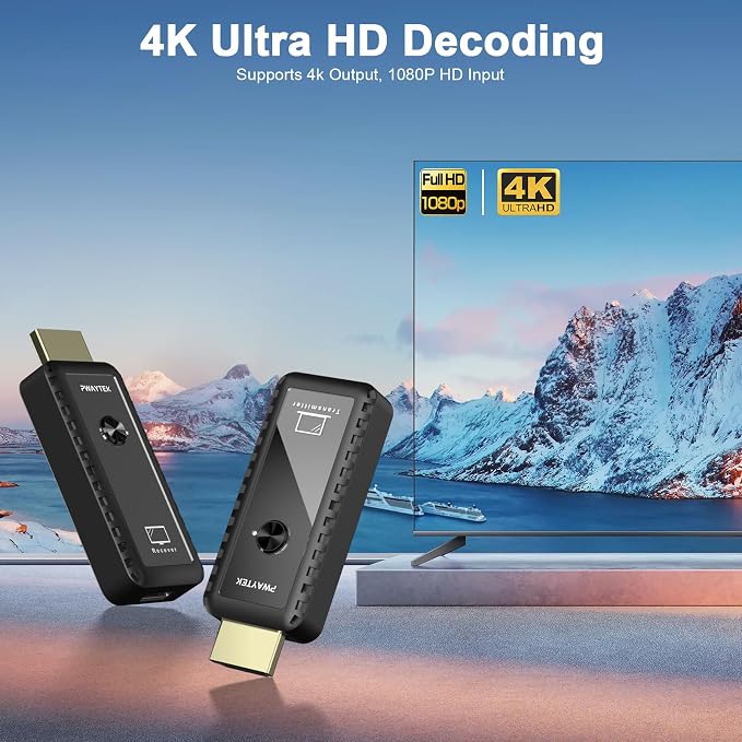 Wireless HDMI Transmitter and Receiver 328ft/100M, Wireless HDMI Extender Kit, Plug & Play, 4K Decode Support 2.4/5G for Streaming Video and Audio to Monitor from Laptop/Pc/Tv Box, Black