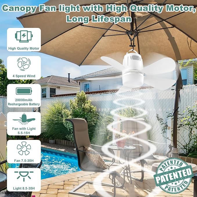 Canopy Fan 20.5'', 20000mAh Portable Outdoor Ceiling Fan with Light with Remote Control and Extension Hook, Easy Operation Battery Powered Fan Light for Gazebo, Tent , Patio, Camping (20.5 inch)