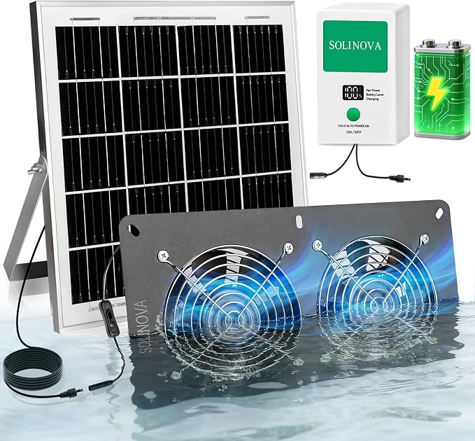 Solar Exhaust Fan, 25W Solar Panel and Solar Powered 2-Fan with 7500mAh Battery, IP68 Waterproof, for Chicken Coop, Shed, Greenhouse, Dog House, 2 Pcs Ventilation Vent Fan, with Bracket for Shed