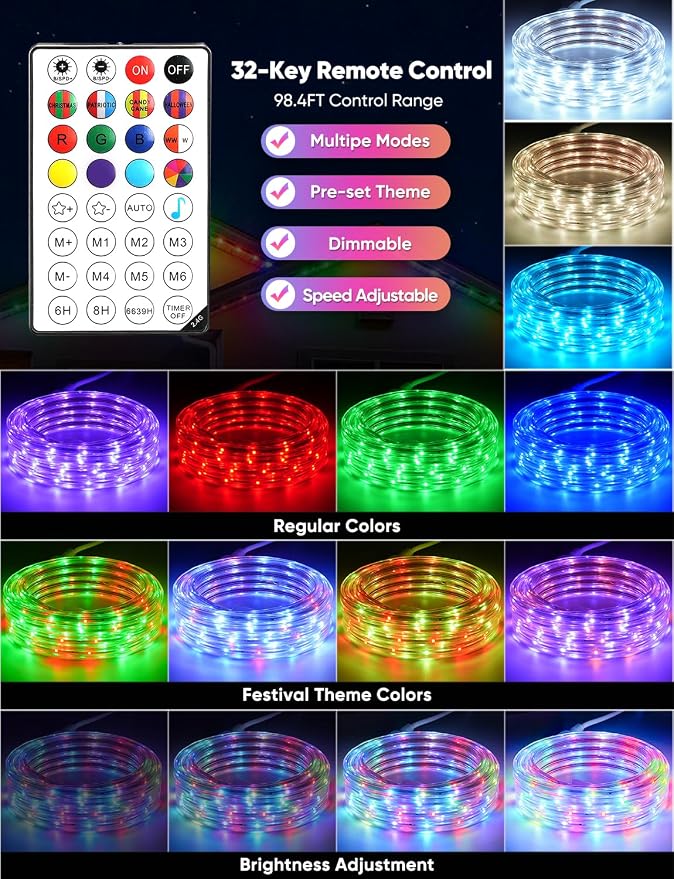 16FT Outdoor LED Strip Lights RGB+IC with Warm&Cool White, ETL Listed Music Sync Light Strip AC 120V, IP65 Waterproof and Connectable, for Party Festival Eave Porch Patio Every Day Decor