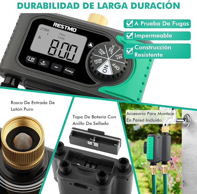 RESTMO 4-Zone Sprinkler Timer, Brass Inlet Programmable Water Timer for Garden Hose, Automatic Digital Irrigation with Manual ON/Off & Rain Delay for Lawn, Drip System & Outdoor Faucet