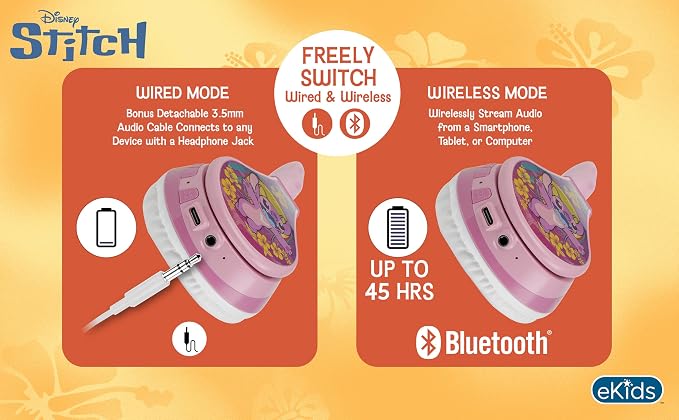 Disney Stitch Angel Bluetooth Headphones for Kids, Wireless Headphones