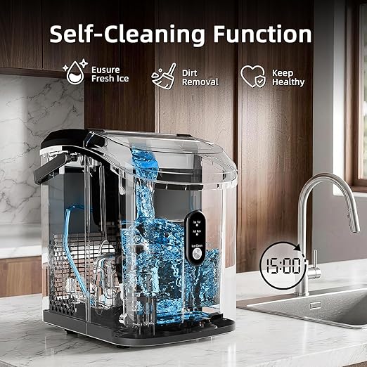 Nugget Countertop Ice Maker with Soft Chewable Ice, 34Lbs/24H, Pebble Portable Ice Machine with Ice Scoop, Self-Cleaning, One-Click Operation, for Kitchen,Office Stainless Steel Black