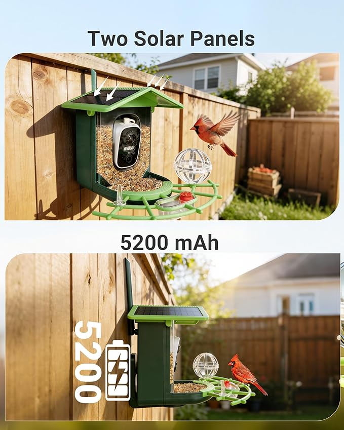 Smart Bird Feeder with Camera, Solar Powered, 2K HD & AI Identification, Color Night Vision, Weatherproof, Live View & Instant Alerts | Ideal Gift for Bird Lovers