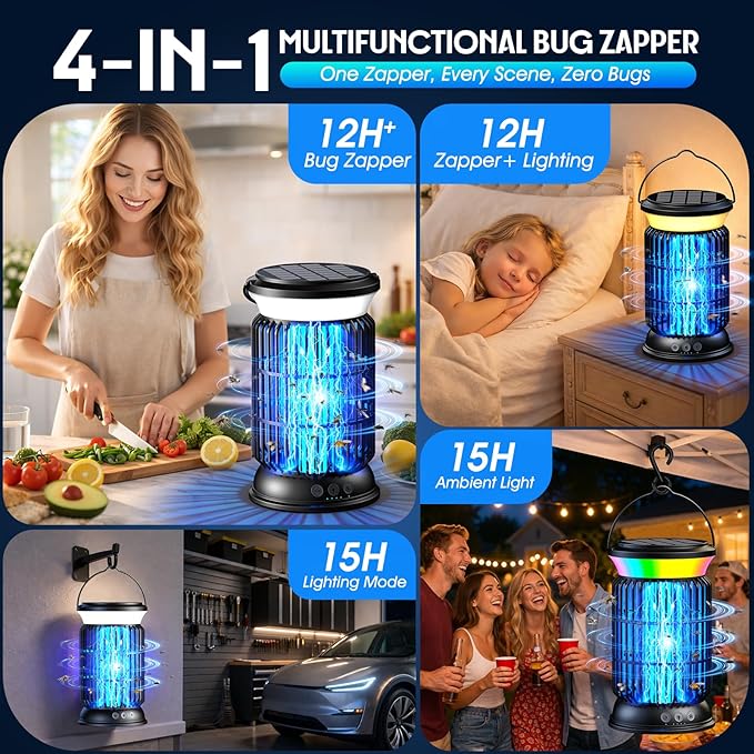 Solar Bug Zapper Outdoor Rechargeable Mosquito Zapper with Cordless Solar Power, Long Runtime Battery, Ip66 Waterproof Portable Fly Zapper for Garden Camping Travel Home