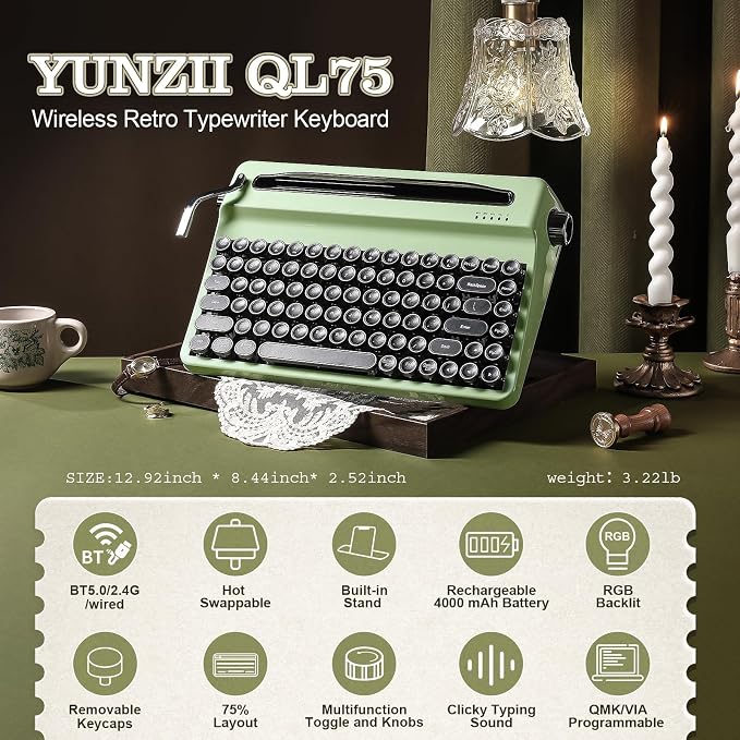 YUNZII QL75 Wireless Typewriter Hot Swap Retro Mechanical Keyboard,Punk Round Keycaps,RGB Backlit QMK/VIA Programmable,Multi-Device Keyboard with 2.4GHz/Type-C/BT5.0 (Green, Onyx Switch)