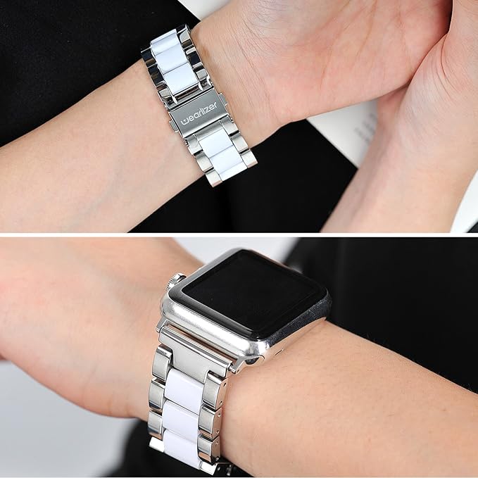 Wearlizer Silver Compatible with Apple Watch Band 38/40/41/42mm, Fashion Womens Men Stainless Steel Strap White Resin Wristband Replacement Metal iWatch Series 11 10 9 8 7 6 5 4 3 SE/Ultra 3 2 1