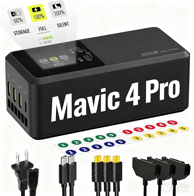 LKTOP 200W Mavic4 Pro Battery Charging Hub with Stickers, Super Fast Charger Kit for DJI Mavic 4 Pro Drone, with Storage/Silent/Output Mode, LCD Display (Parallel Charge 3 Batteries: 1hr 30min)