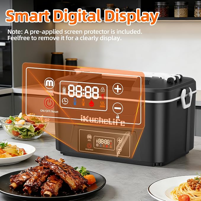 Heated Lunch Box, 24000mAh Cordless Electric Lunch Box with Scheduled Heating, 1.2L Rechargeable Portable Food Warmer with Digital Display for Work, Travel, Office, Camping,Black