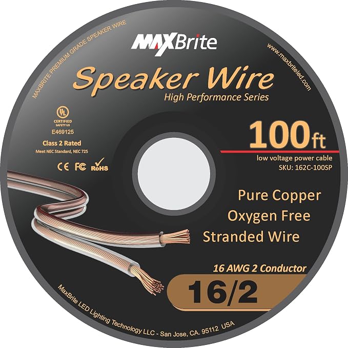 100 ft. Spool High Performance 16 Gauge Speaker Wire, Oxygen Free Pure Copper - UL Listed Class 2