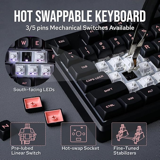 EPOMAKER Galaxy100 QMK/VIA Wireless Gaming Keyboard, Aluminum Shell, BT/2.4Ghz/USB-C, Pre-Lubed Hot-Swappable Linear Switches, NKRO, RGB Backlit (Black, Marble White Switch)