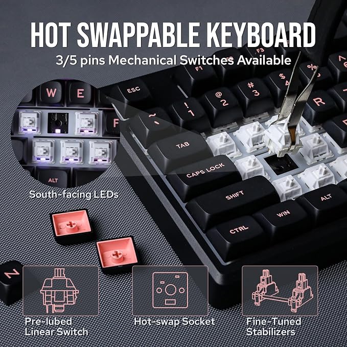 EPOMAKER Galaxy100 QMK/VIA Wireless Gaming Keyboard, Aluminum Shell, BT/2.4Ghz/USB-C, Pre-Lubed Hot-Swappable Linear Switches, NKRO, RGB Backlit (Black, Wisteria Linear Switch)