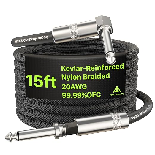 AA AUDIO ACCESSORY Right Angle Guitar Cords 15ft, Nylon Braided Anti-Kinking Kevlar-Reinforced, 20 AWG 99.99% OFC 1/4 Instrument Cable, AL & OFC Shielded Guitar Cable for Fender Electric Guitar