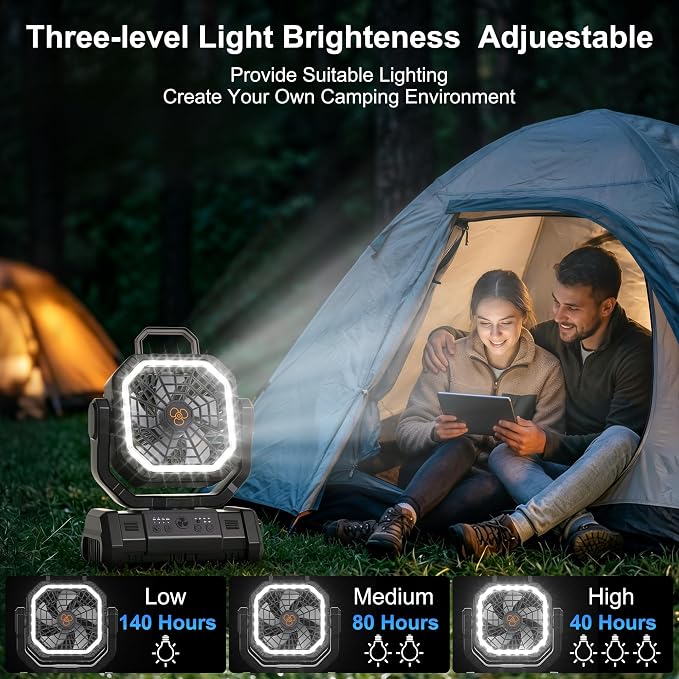 Portable Rechargeable Fan 20000mAh, Battery Powered Camping Fan with LED Light& Remote,4 Speeds Wind,USB,Cordless,Oscillating,Timer for Travel Tent,Rv Camping Essentials (Black)