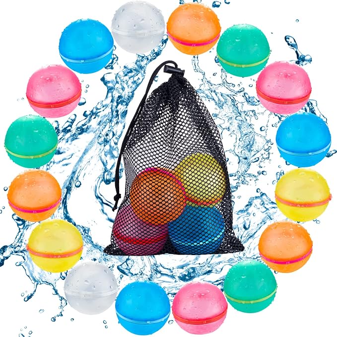 16PCS Reusable Water Balloons, Refillable Silicone Bath Pool Beach Toys for Kids, Quick Fill Self-Sealing Splash Balls for Outdoor Water Fun Summer Family Games