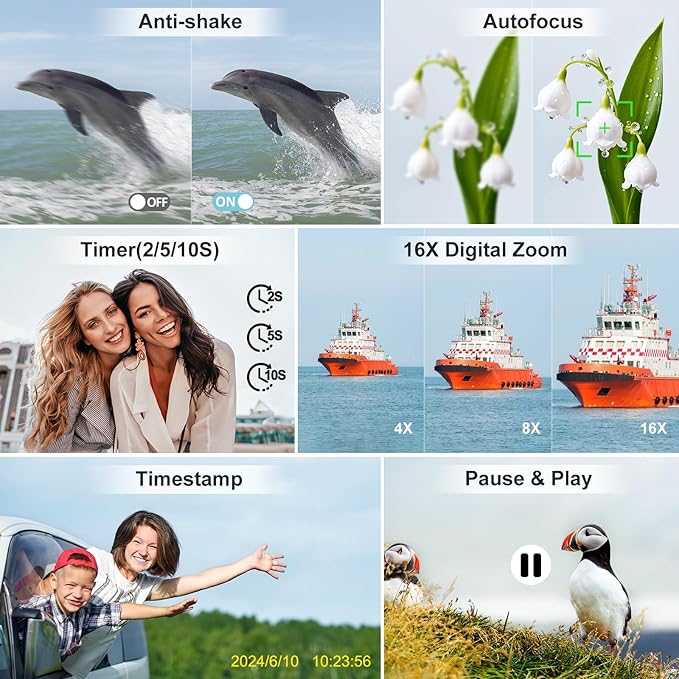 4K Digital Camera - 64MP Front & Rear with Autofocus & Anti-Shake, 3'' Selfie Vlogging Camera, Ultra Bright Flash, 16X Zoom (White)