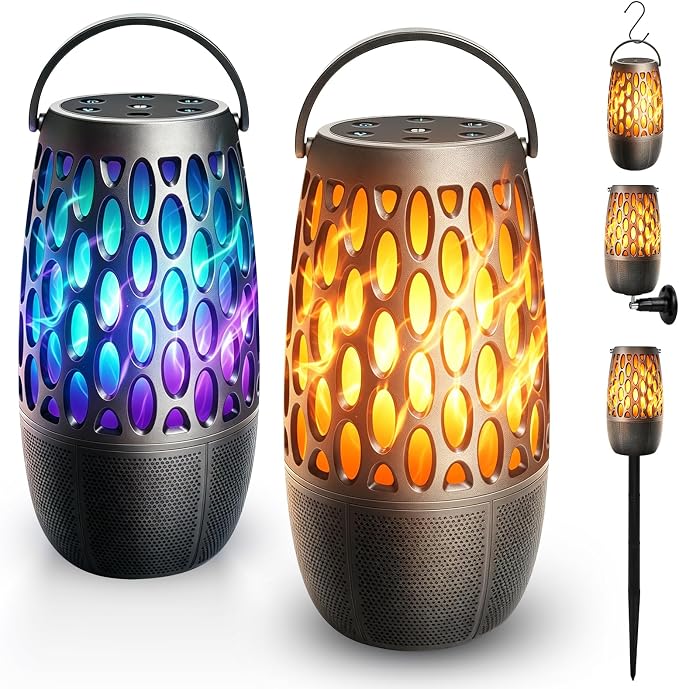 Outdoor Bluetooth Speaker with Flame Lights with IPX6 Waterpoof,10W HD Stereo Sound, Bluetooth 5.3 Led Flame Speaker,Decorations for Party Garden Patio (2 Pack)