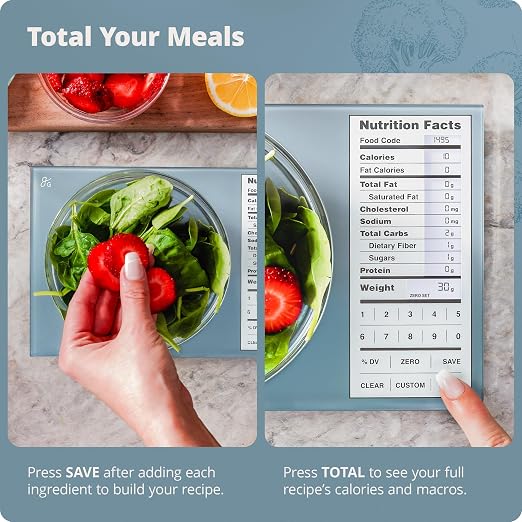 Greater Goods Digital Nutrition Scale – Accurate Macro and Calorie Tracking for Meal Prep, Weight Loss, and Healthy Eating | 2,000 Built-in Foods, Intuitive Nutrition Label Display, 11lb Cap, Blue