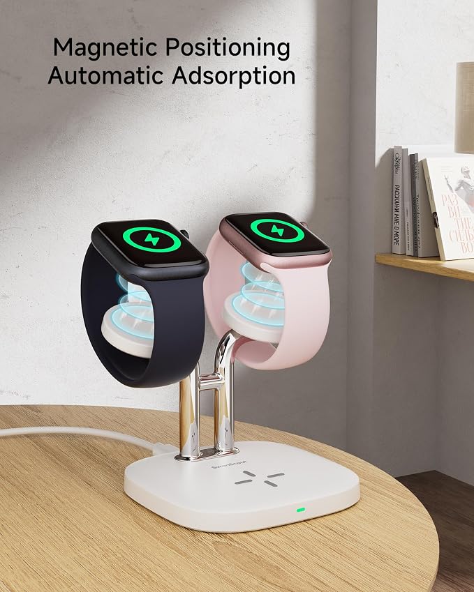 Dual Watch Charger with Fast Charging for Apple Watch, SwanScout 704A, 3-in-1 Wireless Charging Station Stand for Apple Watch Ultra 3/11/10, Wireless Charger Dock for AirPods Pro 3/4 (White & Silver)