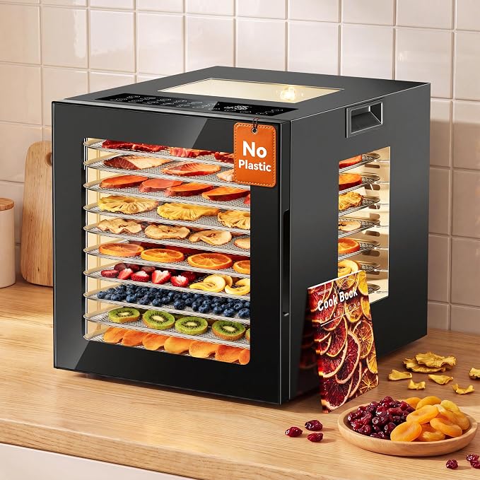 Manastin Food Dehydrator Machine 10 Stainless Steel Trays, 850W Dryer for Meat Jerky, Fruit, Herbs, Yogurt & Dog Treats, 95-167℉ Dehydrated Dryer, 48H Timer, 10 Presets, Overheating Protection, Black