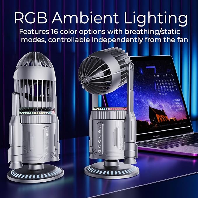 Rocket Desk Fan with Mist Humidifier, 5000mAh Portable Cordless Table Fan, RGB Gaming Room Decor, 180° Auto-Oscillating & Tilt, Quiet Personal Cooling for Office, Bedroom & Gifting (Silver)