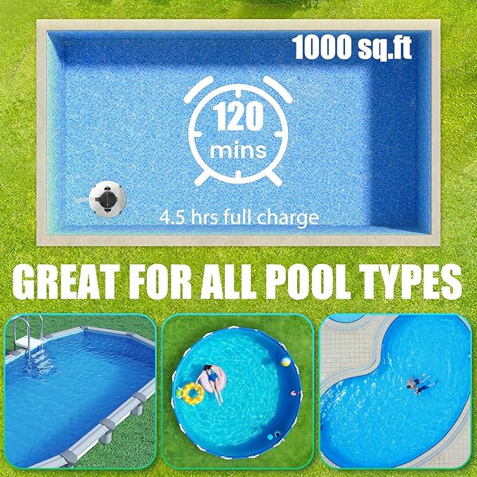 2026 Cordless Robotic Pool Cleaner - 120 Mins Automatic Pool Vacuum for Above Ground Pool & In - Ground Flat Pools up to 1000 Sq.Ft, Robot Pool Cleaner with Self - Parking Tech