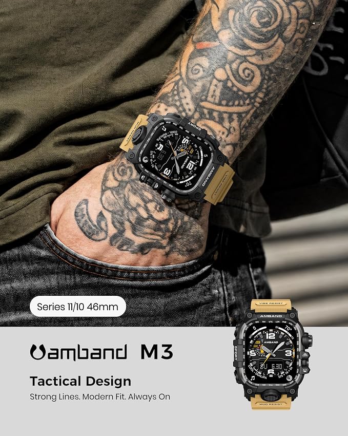 amBand Rugged Case with Band for Apple Watch 46mm, Compatible with Apple Watch (iWatch) Series 10 11, Military Grade Shockproof Bumper Cover, Tactical Band for Men, Sand Beige