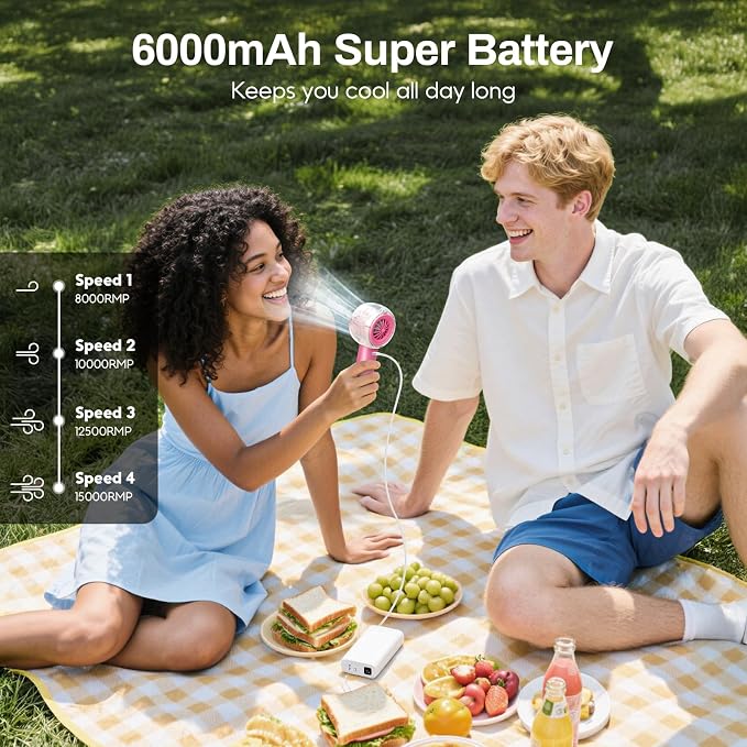Misting Portable Handheld Fan, Powerful Turbo Motor, 6000mAh Rechargeable Battery Personal Mini Fans with 4 Strong Wind Cooling Gadgets for Travel Camping, Beach, Outdoor, Gifts for Women Men-Hot Pink