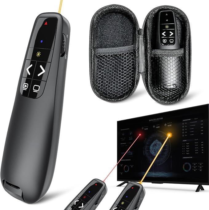 Presentation Clicker with Yellow Laser Pointer for LED LCD Screen: Wireless Presenter Remote for PowerPoint Computer Clickers, Project Clicker for Mac Laptop Office, Slideshow Google Slide Advancer