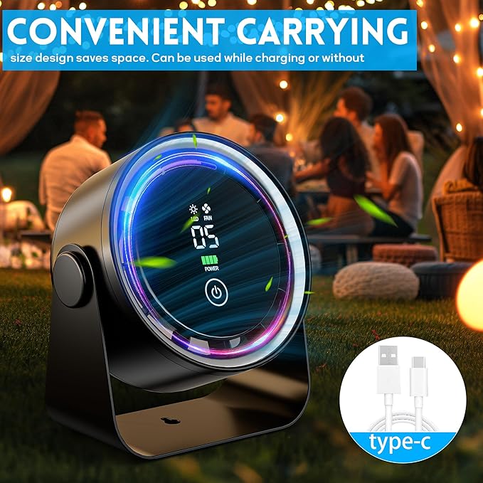 Small Desk Fan Battery Powered - Black Low Noise Quiet Portable Gentle Blowing without Headaches for Office Bedroom Sleep Living Room Table Top Wall Hanging Kitchen Travel Camping 5-Speed 360 Rotation