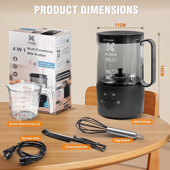 KIVRA Milk Frother and Steamer 350ml | 4 Mode cold foam maker for Hot and Cold Drinks | Durable Non Stick Milk Frother for Coffee Lovers – Includes 1x Whisk, Measuring Cup, String Bag & Brush