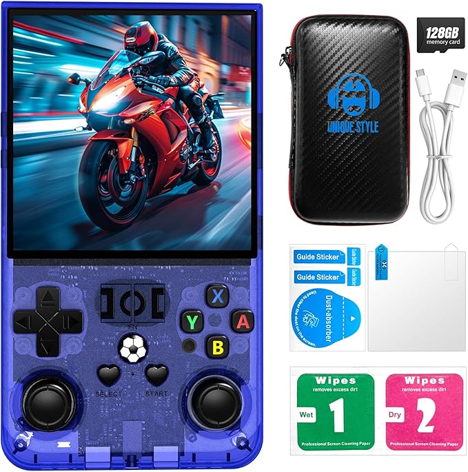 R36MAX Retro Handheld Game Console, 4.0-Inch IPS Display, 720x720 Resolution, Linux System, 64GB Support 18,000+ Classic Games, 4000mah Battery, with Portable Case(Blue)
