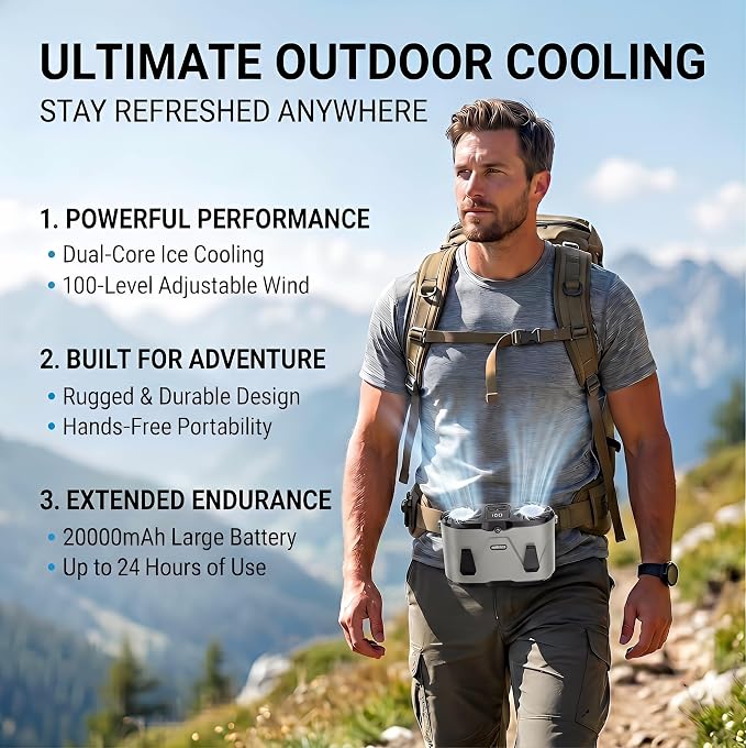 20000mAh Portable Waist Fan Rechargeable, Dual Air Outlet Belt Fan with Cooling Plate, 10 Speed Personal Air Conditioner with LED Display & Light for Work Outdoor (Gray)