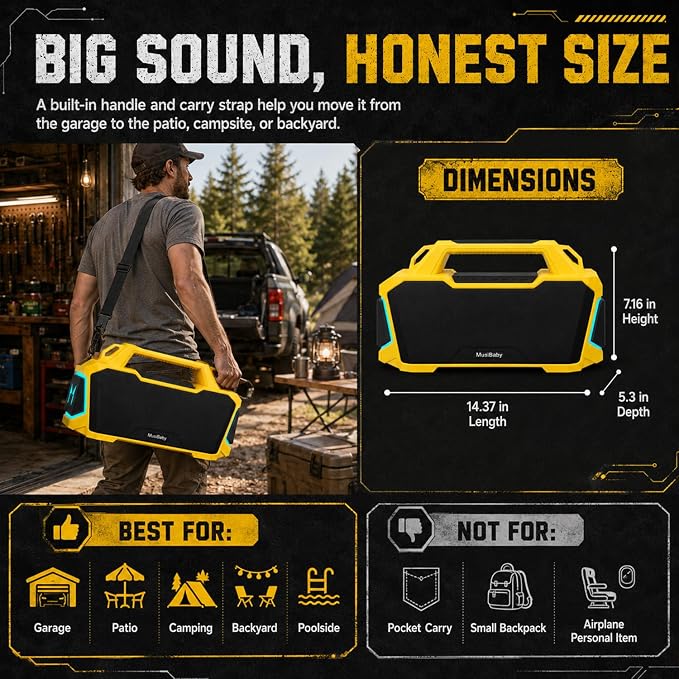 Musibaby 80W Portable Bluetooth Speaker, Loud Bass, IPX6 Waterproof, Yellow | Bright yellow speaker for picnic, tailgate, RV, workshop, projector nights, boat deck, cookouts, USB/AUX music.