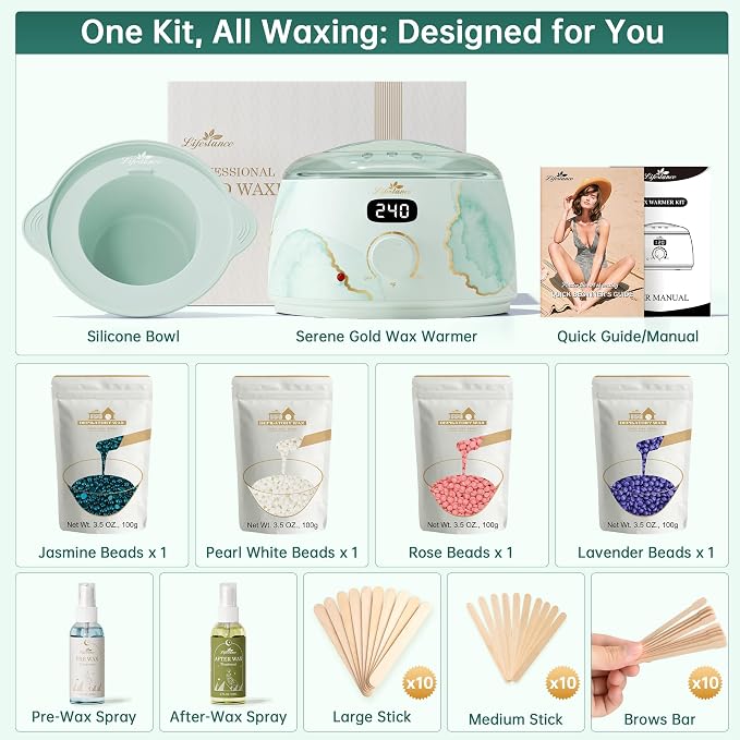 Lifestance Waxing Kit for Women & Men - L3 Serene Gold Digital Warmer, Silicone Wax Pot Liner, Hair Removal Kit with 14.1oz Hard Wax Beads & Oil Spray, Professional for Home Brazilian Bikini Face Leg