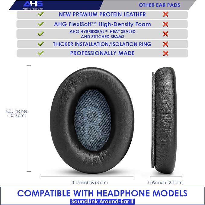 AHG Accessory House Global SoundLink AE2 Ear Pads and SoundLink AE2 Headband Cushion Compatible with Bose SoundLink Around-Ear 2 (AE2) Headphones (Black). Seamless DIY Fit | Extra Thick | 3D Printed