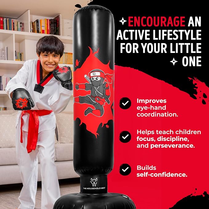 THB Punching Bag for Kids - Inflatable Punching Bag with Boxing Gloves for Kids Age 3-8, 63” Ninja Boxing Bag with Electric Air Pump to Practice Taekwondo, Karate, MMA, Bouncing Back