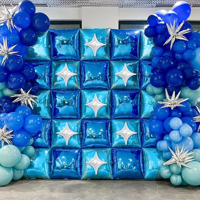 Electric Balloon Pump and 32PCS Blue Square Foil Balloon with Star Foil Balloon, 600W Dual Nozzle Air Pump & Metallic Light Blue Mixed Tunnel Arch Kit for Boy Birthday Baby Shower Graduation