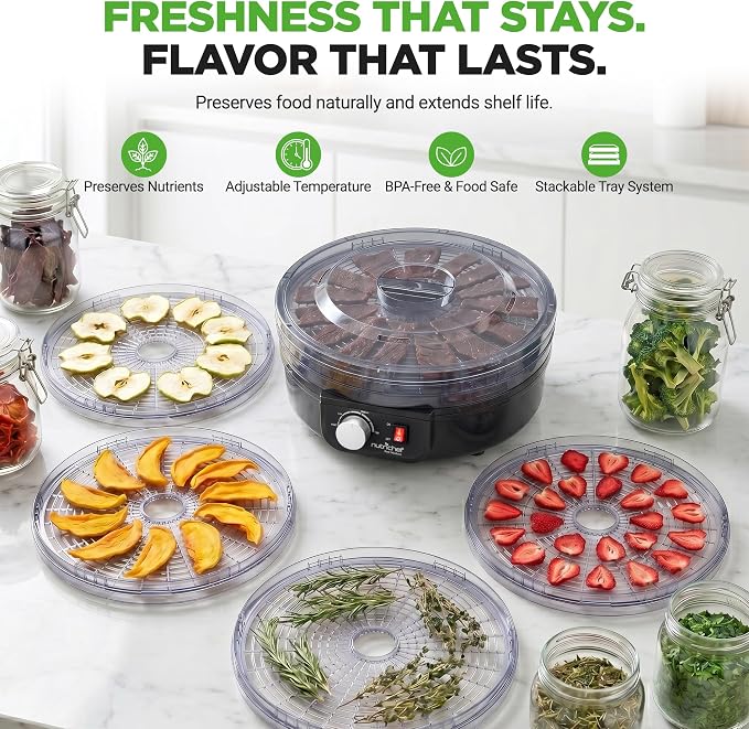 NutriChef Food Dehydrator Machine - Professional Electric Multi-Tier Food Preserver, Meat or Beef Jerky Maker, Fruit & Vegetable Dryer with 5 Stackable Trays