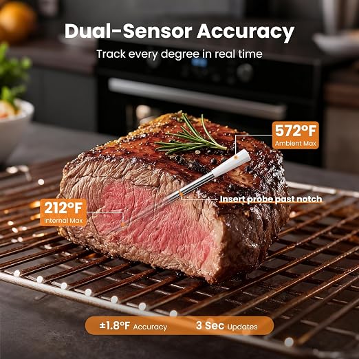 Wireless Meat Thermometer with 2 Color-Coded Probes, ±1.8° F Accuracy, IP67 Waterproof, App Control & Real-Time Monitoring, Two-Way Alerts for Kitchen, BBQ, Grill, Oven, Smoker